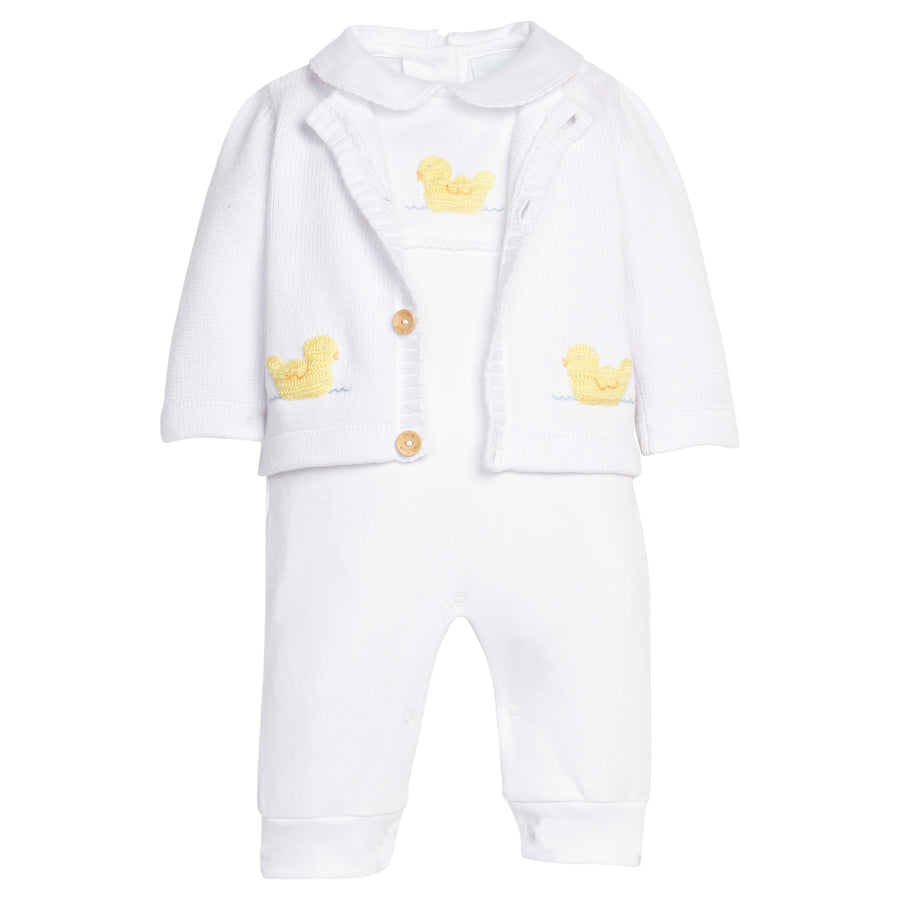 Little English traditional children's clothing.  Classic white cotton playsuit with peter pan collar and yellow crochet duck for baby. paired with matching cardigan