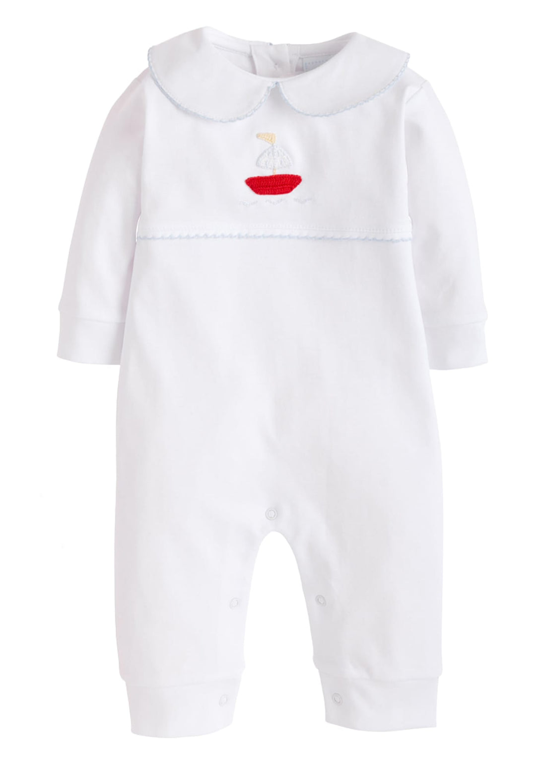 Little English traditional baby clothing, signature pima cotton crochet playsuit with sailboat for baby boy