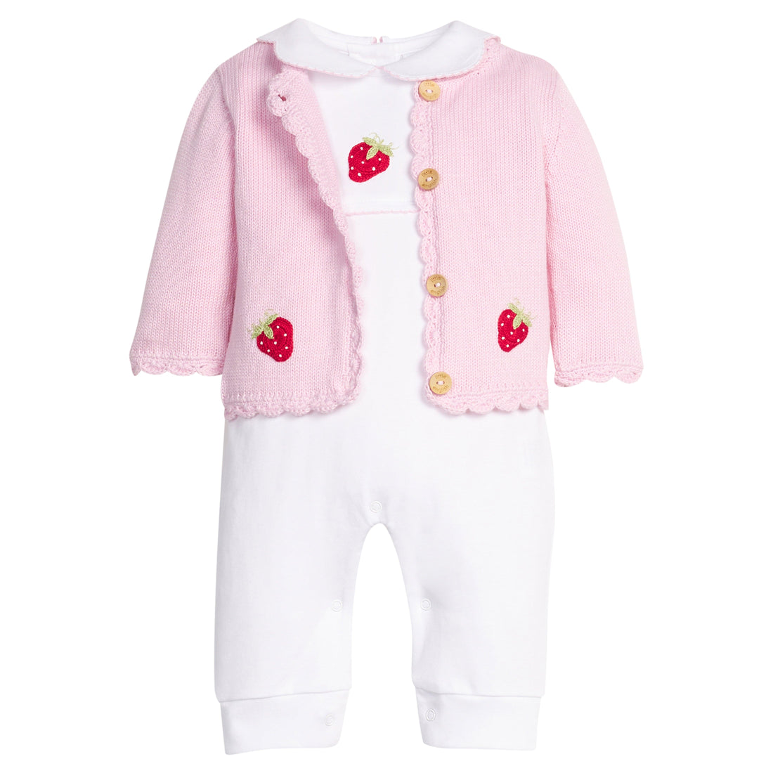 Little English classic crochet cardigan and playsuit with strawberry motifs, for baby girl 