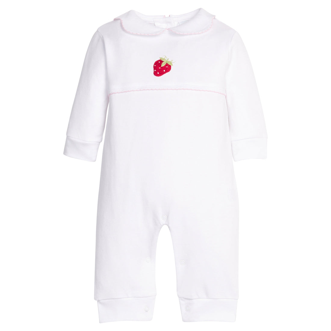 Little English classic crochet playsuit with strawberry motif on chest, for baby girl 