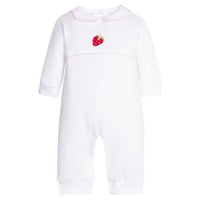 Little English classic crochet playsuit with strawberry motif on chest, for baby girl 