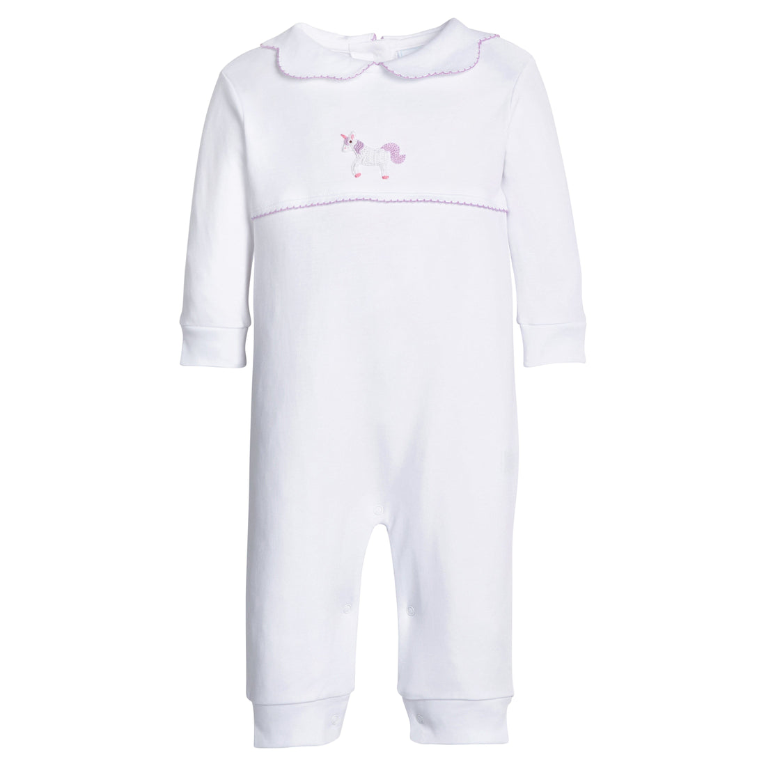 Little English classic baby clothing, signature pima cotton crochet playsuit with unicorn and lavender trim for baby girls 