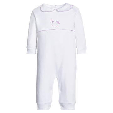 Little English classic baby clothing, signature pima cotton crochet playsuit with unicorn and lavender trim for baby girls 