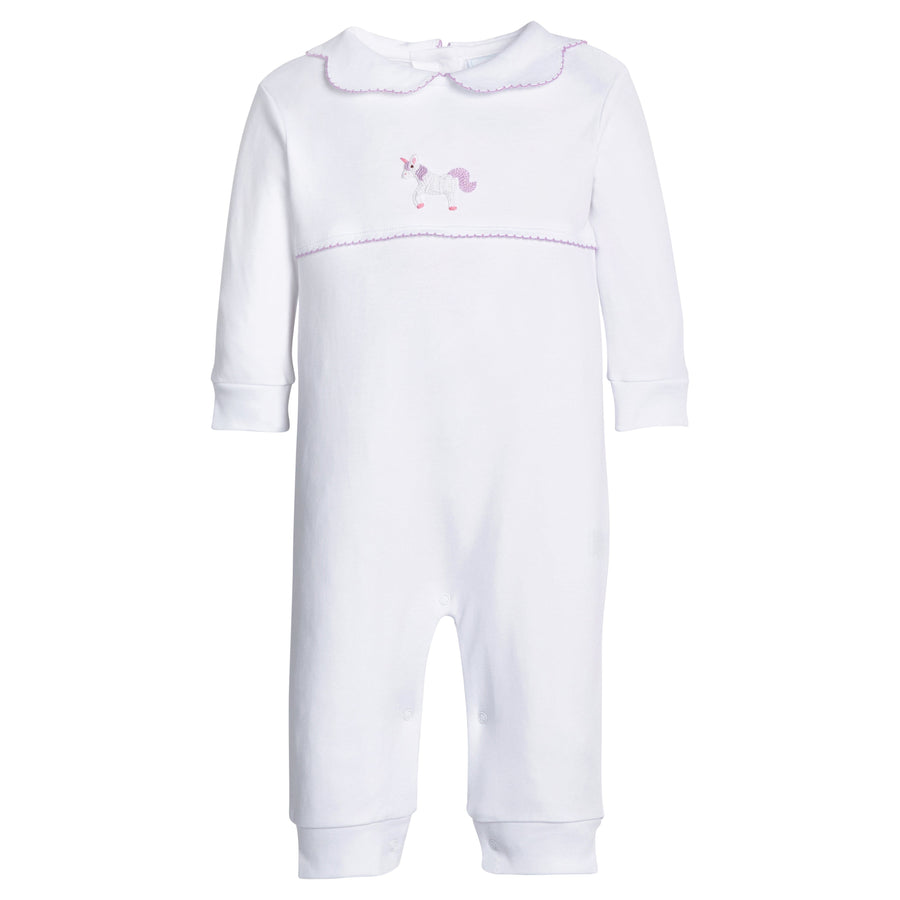 Little English classic baby clothing, signature pima cotton crochet playsuit with unicorn and lavender trim for baby girls 