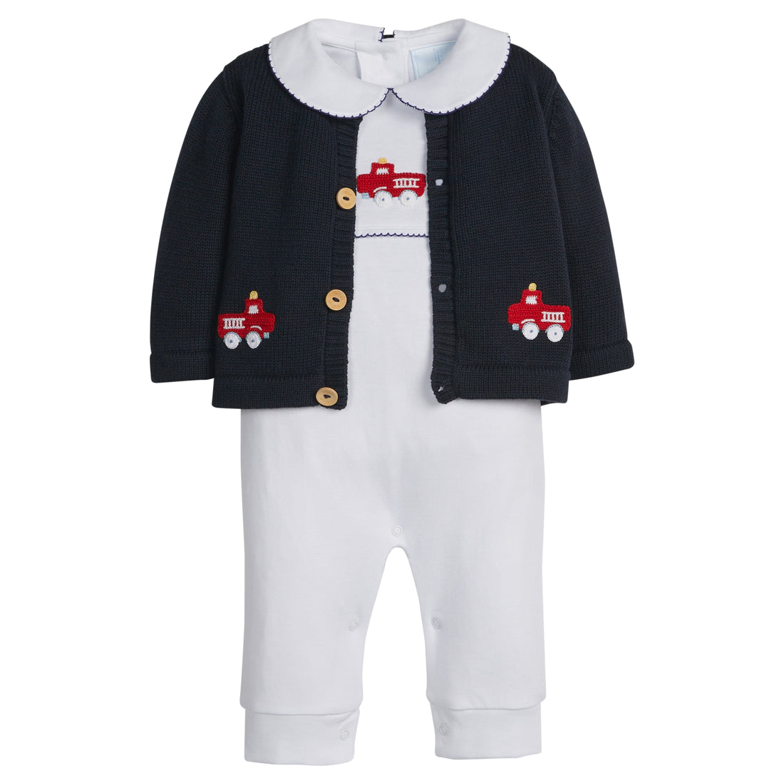 Little English classic baby clothes, signature navy cardigan with red fire trucks for baby boys
