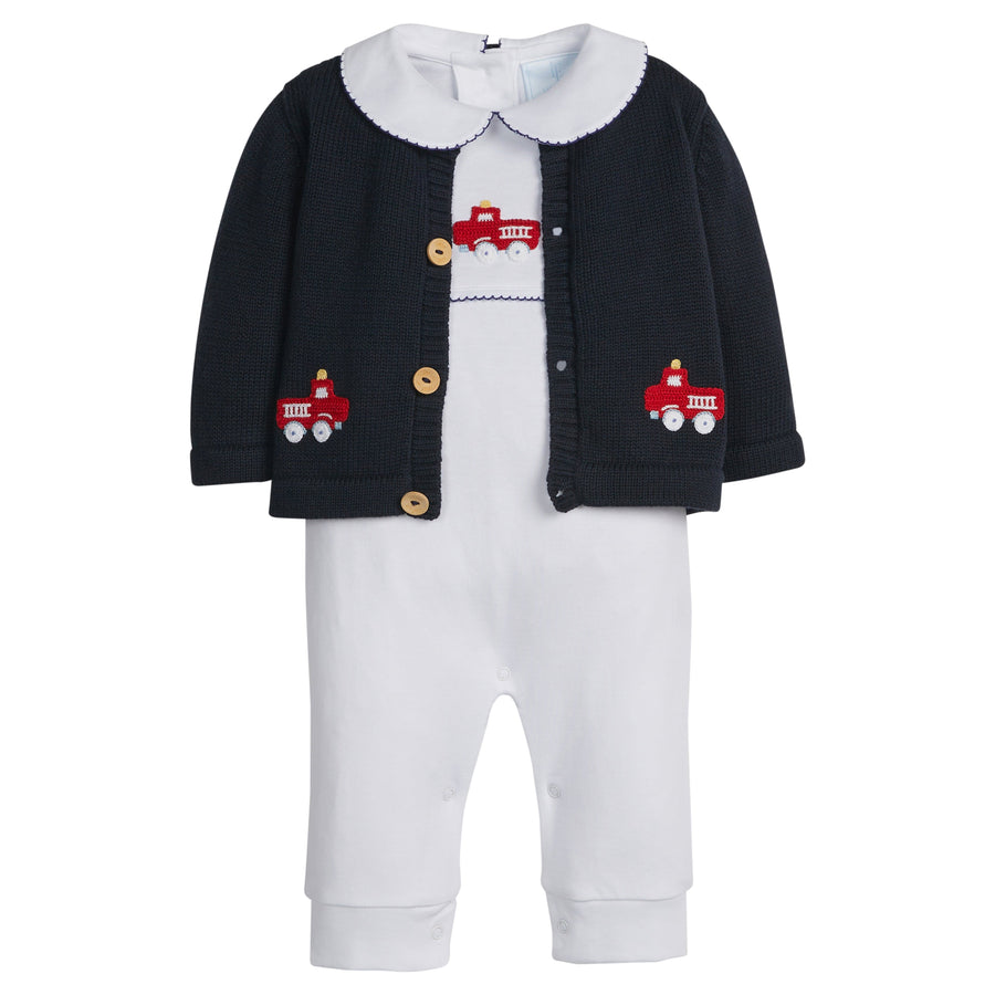 Little English classic baby clothes, signature navy cardigan with red fire trucks for baby boys