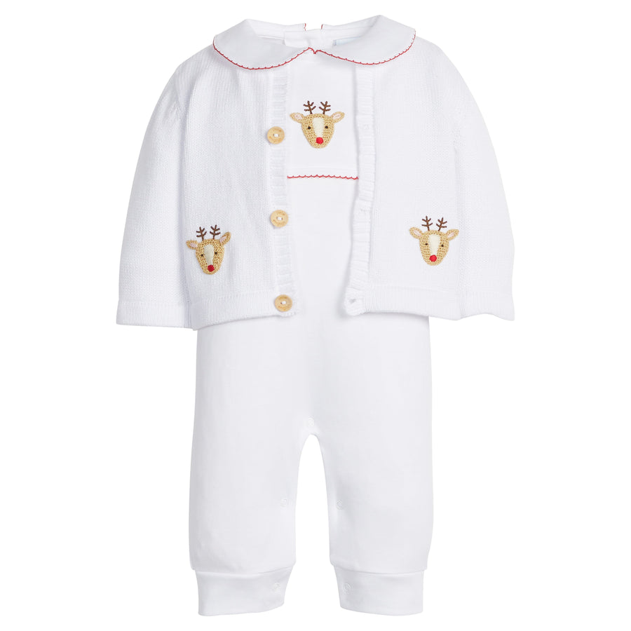 Little English classic baby clothes, signature white cardigan with reindeers for baby boys and girls for holiday
