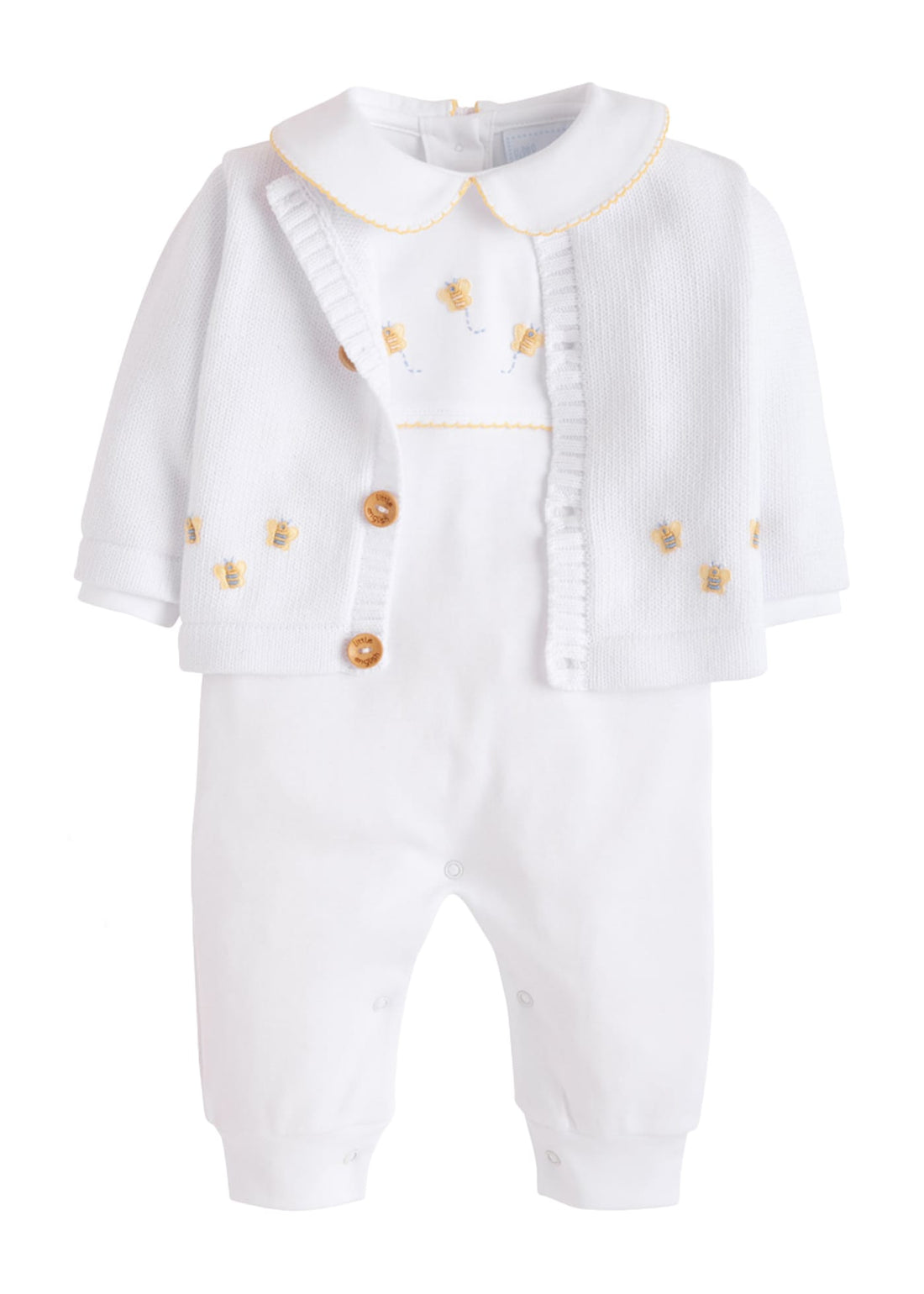 Little English traditional baby clothes, unisex signature white cardigan and peter pan playsuit with crochet bees for baby boys and girls