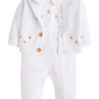 Little English traditional baby clothes, unisex signature white cardigan and peter pan playsuit with crochet bees for baby boys and girls