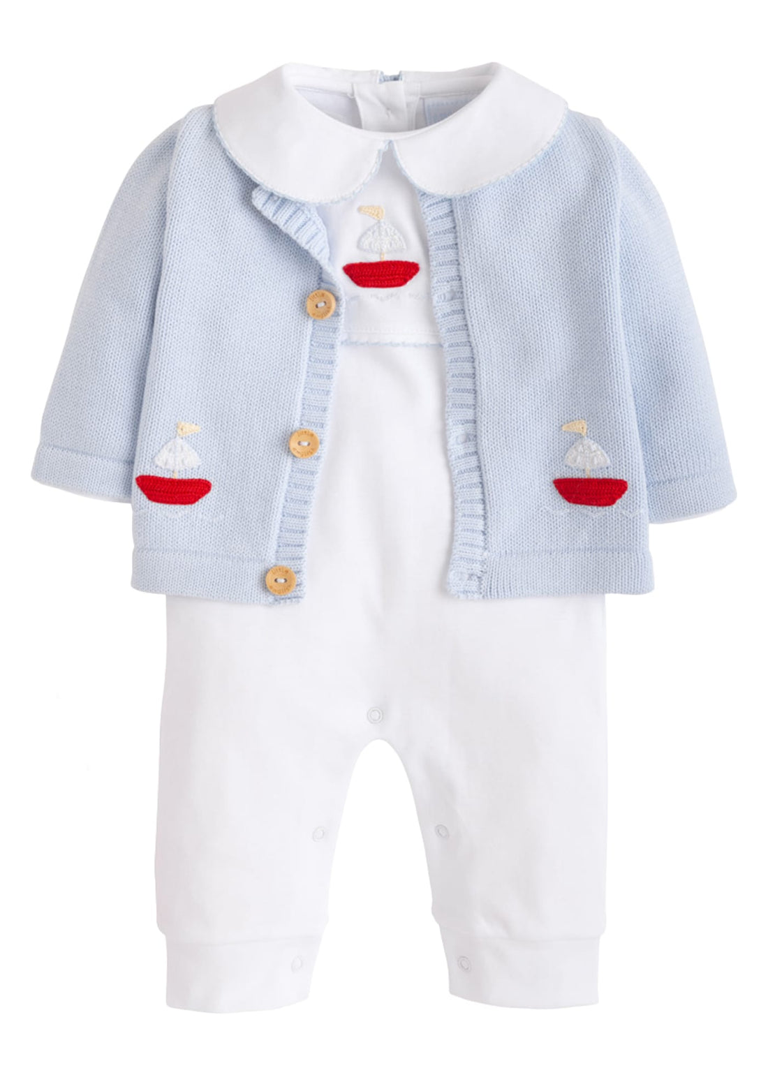 Little English traditional baby clothing, signature light blue crochet cardigan with red sailboat for baby boys, paired with white pima cotton playsuit with crochet sailboat