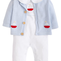 Little English traditional baby clothing, signature light blue crochet cardigan with red sailboat for baby boys, paired with white pima cotton playsuit with crochet sailboat