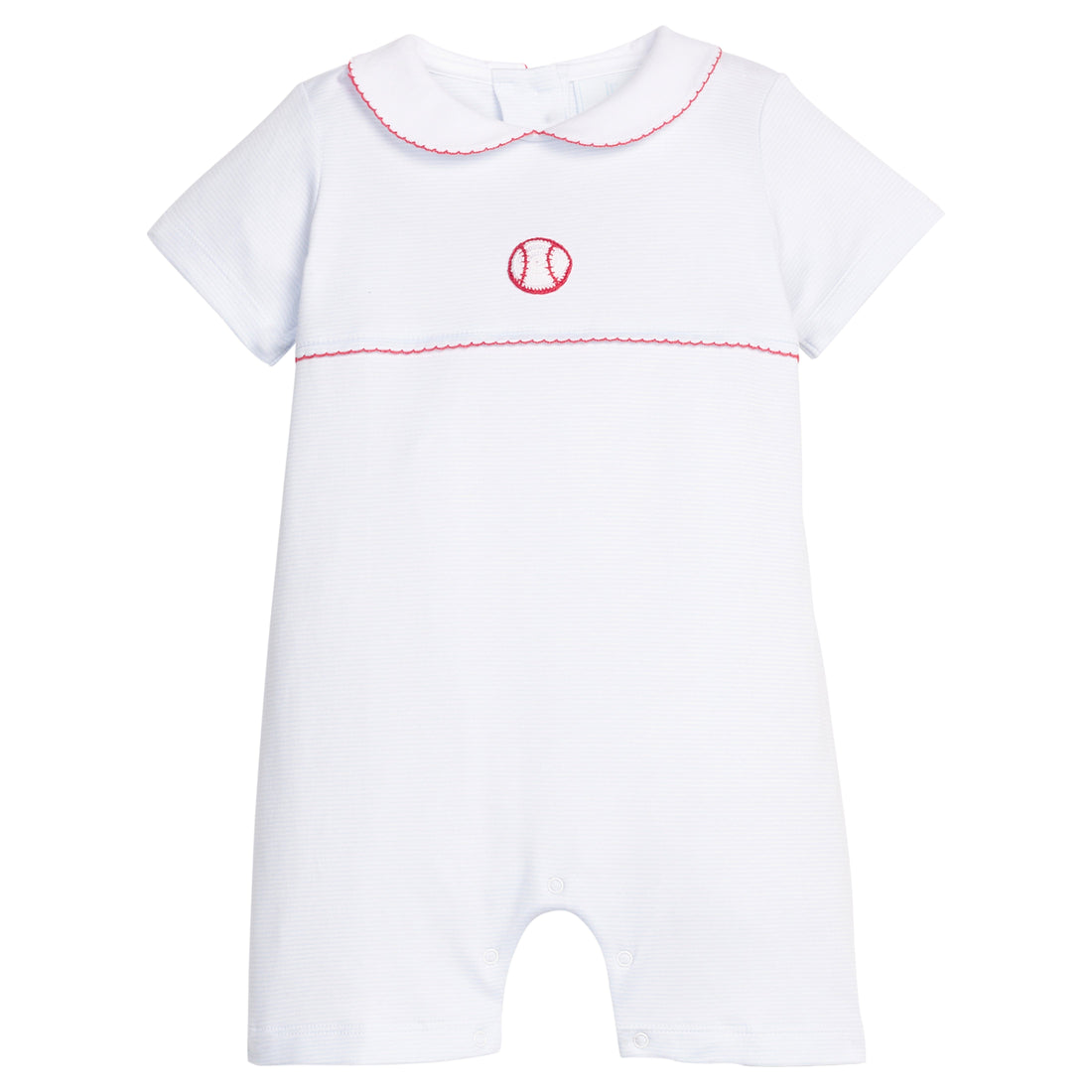 Little English classic ream romper with light blue stripes and crochet baseball motif in center of chest, for baby boy 
