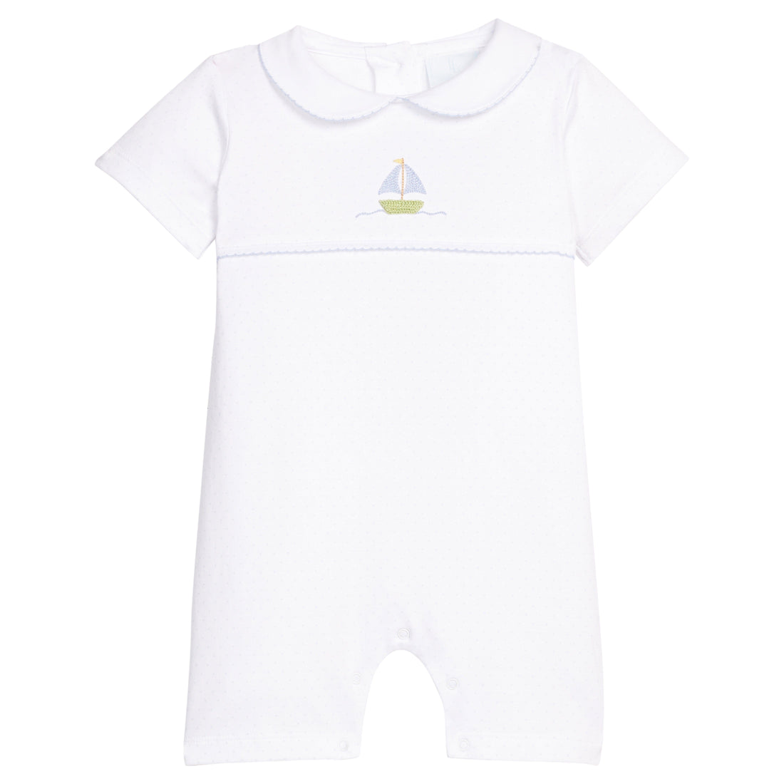 Little English classic ream romper with light blue polka dots and a crochet sailboat motif on chest, for baby boy 
