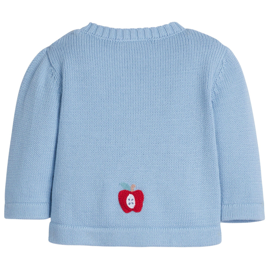 little english classic childrens clothing unisex light blue sweater with crochet apples and wooden buttons