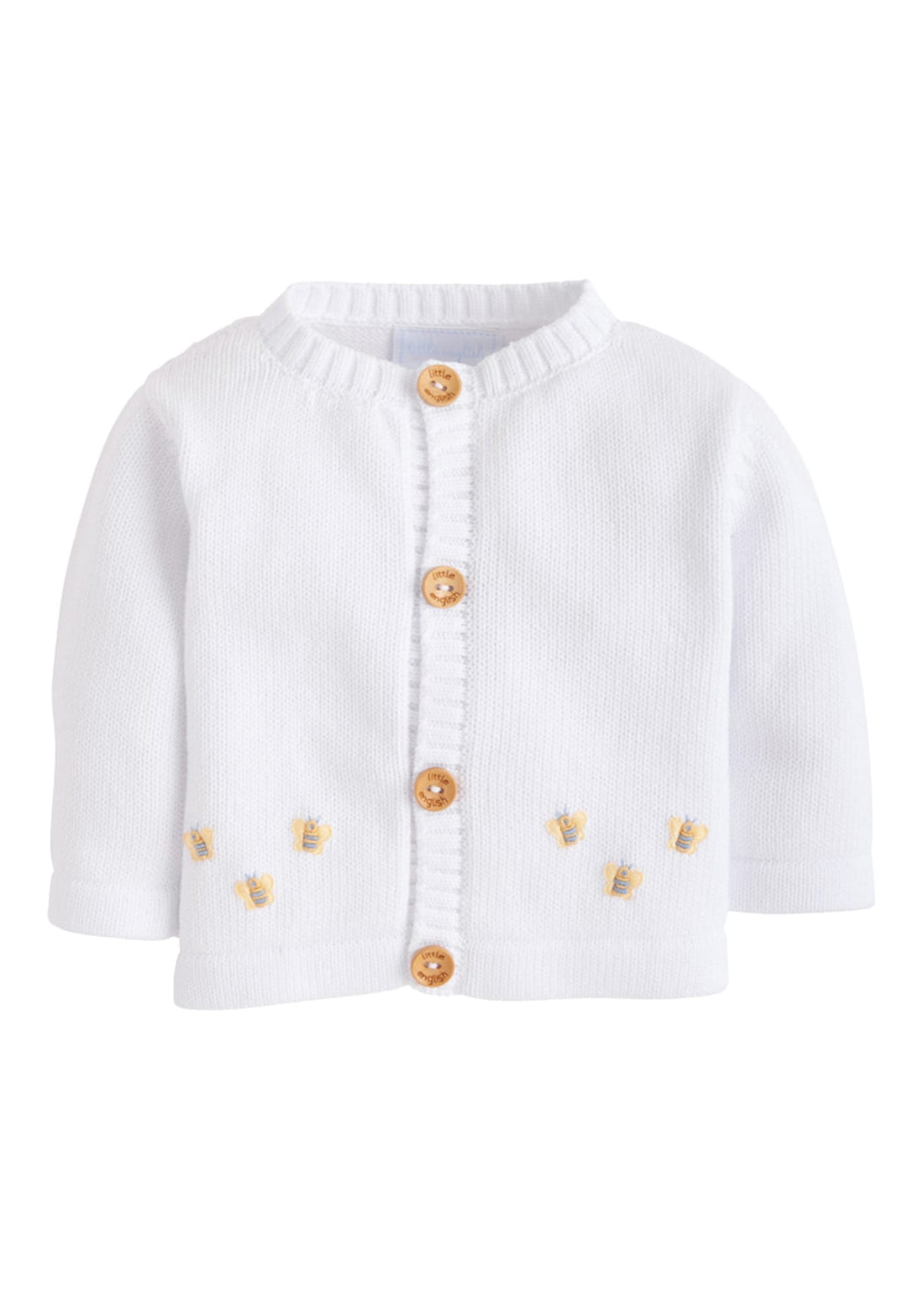 Little English traditional baby clothes, unisex signature white cardigan with crochet bees for baby boys and girls