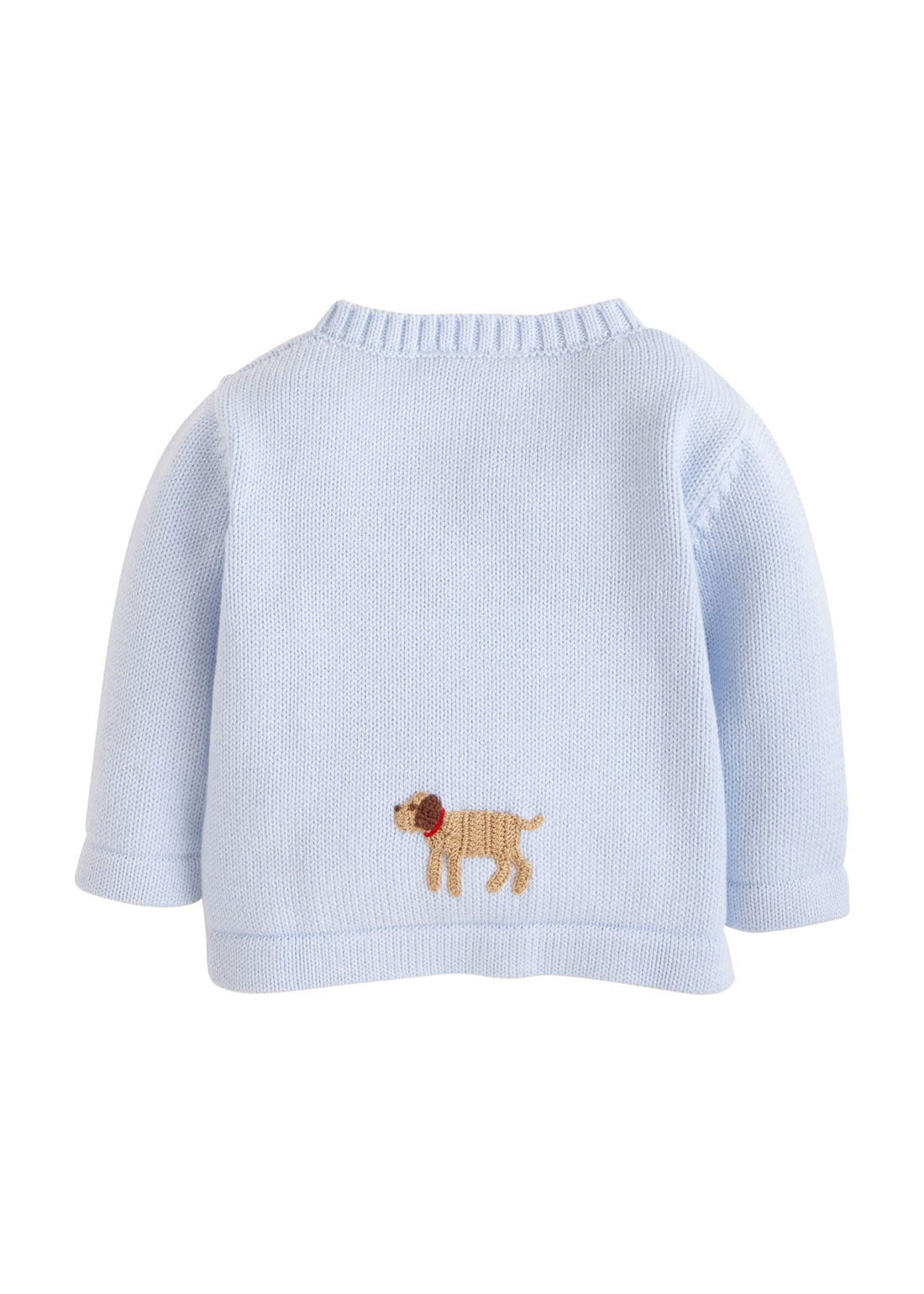 Little English traditional baby clothing, signature light blue crochet sweater with lab for baby boy