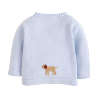 Little English traditional baby clothing, signature light blue crochet sweater with lab for baby boy