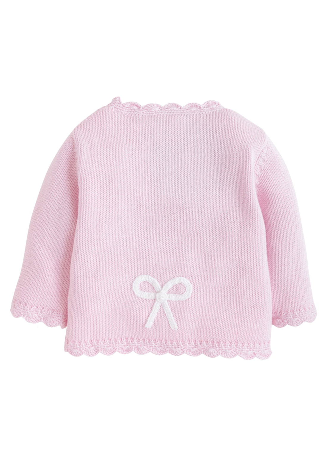 Little English traditional baby clothing, signature light pink crochet sweater with white bow for baby girl