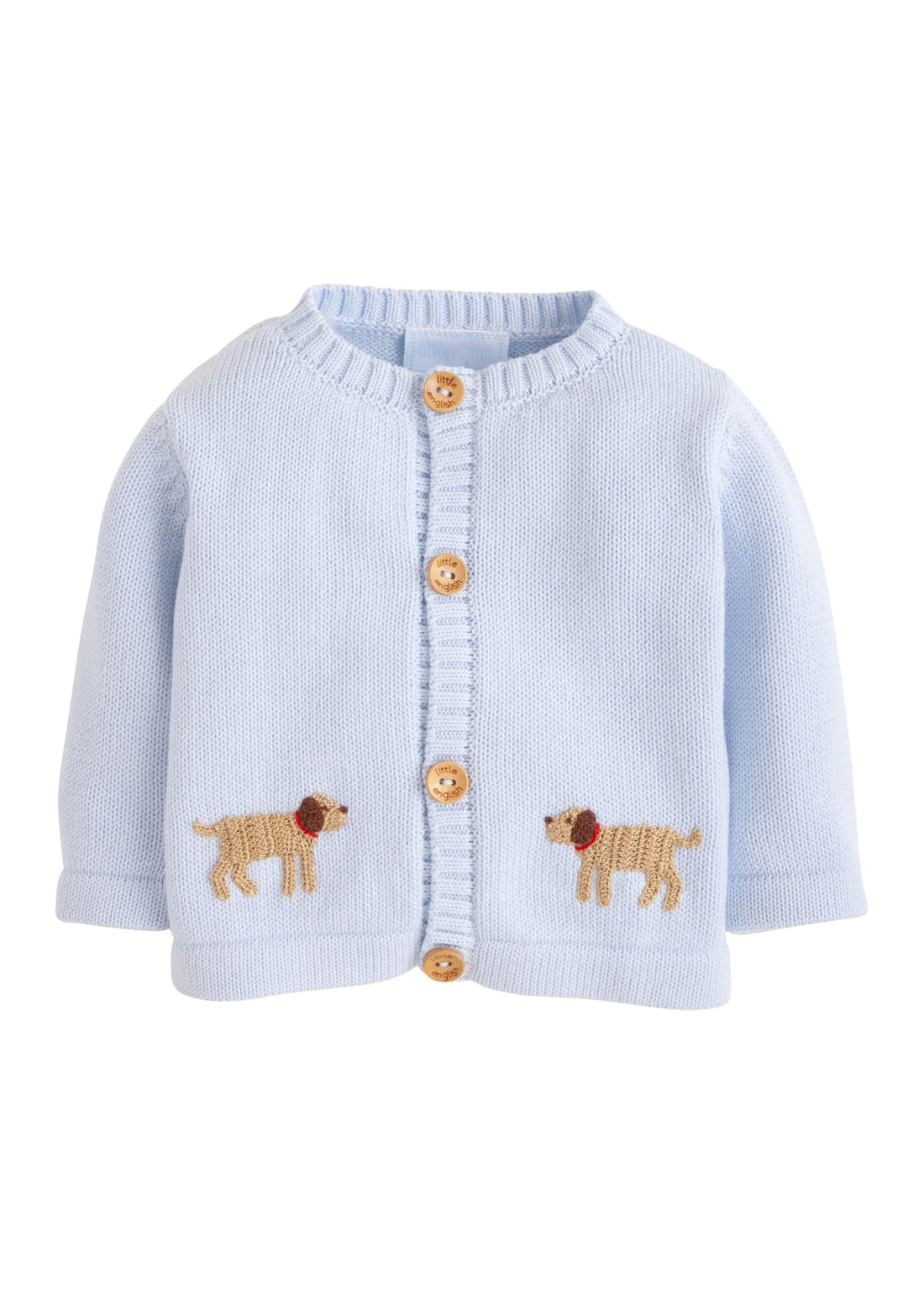Little English traditional baby clothing, signature light blue crochet sweater with lab for baby boy