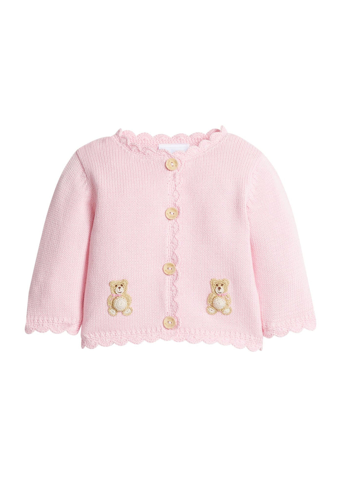 Little English classic baby clothes, signature light pink crochet cardigan with teddy bears for baby girls