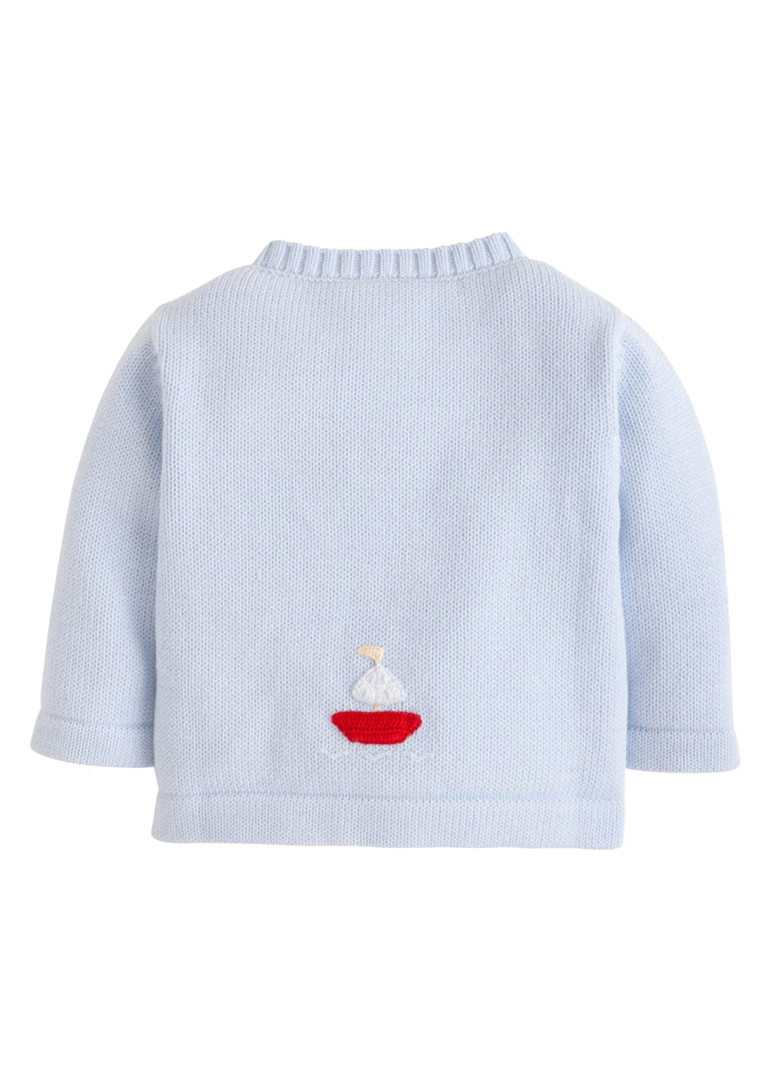 Little English traditional baby clothing, signature light blue crochet cardigan with red sailboat for baby boys