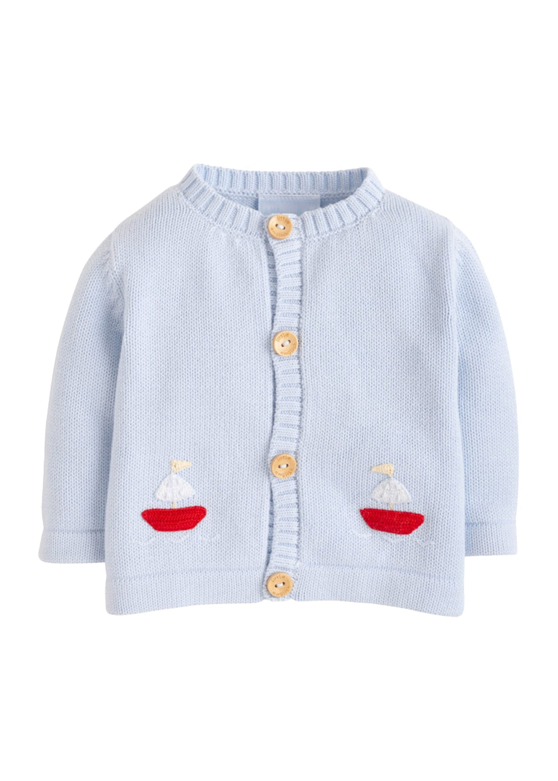 Little English traditional baby clothing, signature light blue crochet cardigan with red sailboat for baby boys
