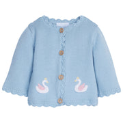 little english classic childrens clothing girls light blue knit crochet sweater with crochet swans on front and back