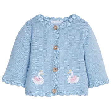 little english classic childrens clothing girls light blue knit crochet sweater with crochet swans on front and back