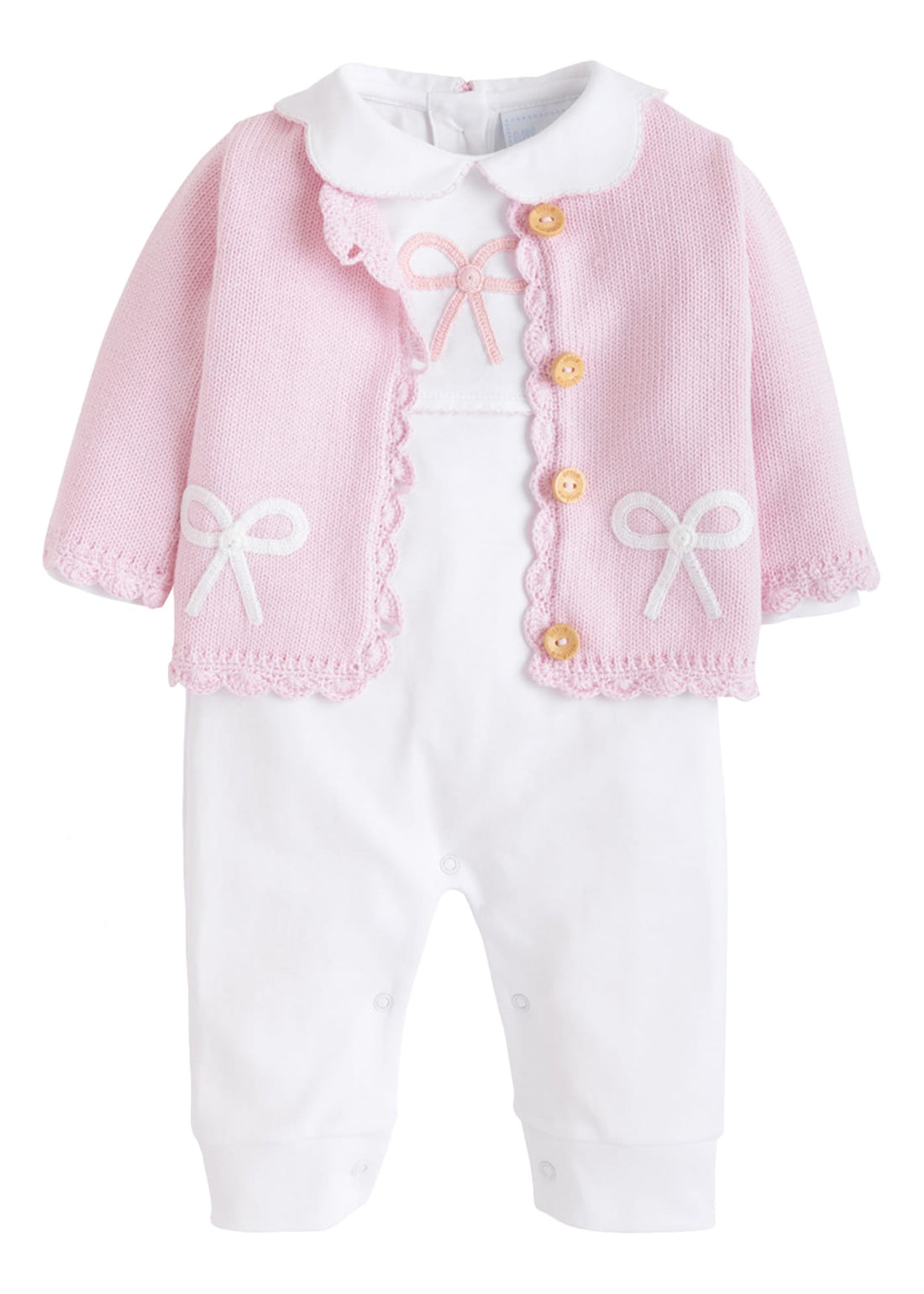 Little English traditional baby clothing, signature crochet playsuit with pink bow for baby girl, paired with white pima cotton playsuit with pink crochet bow