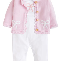 Little English traditional baby clothing, signature crochet playsuit with pink bow for baby girl, paired with white pima cotton playsuit with pink crochet bow