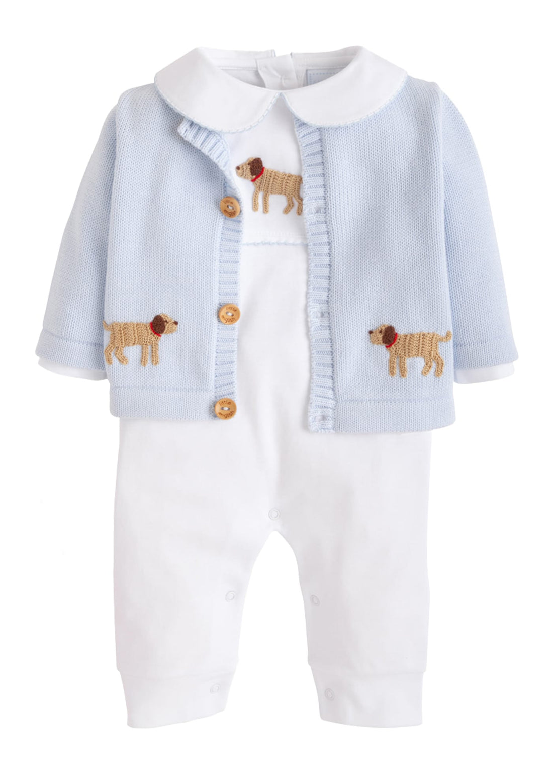 Little English traditional baby clothing, signature light blue crochet sweater with lab for baby boy, paired with white pima cotton playsuit with crochet lab