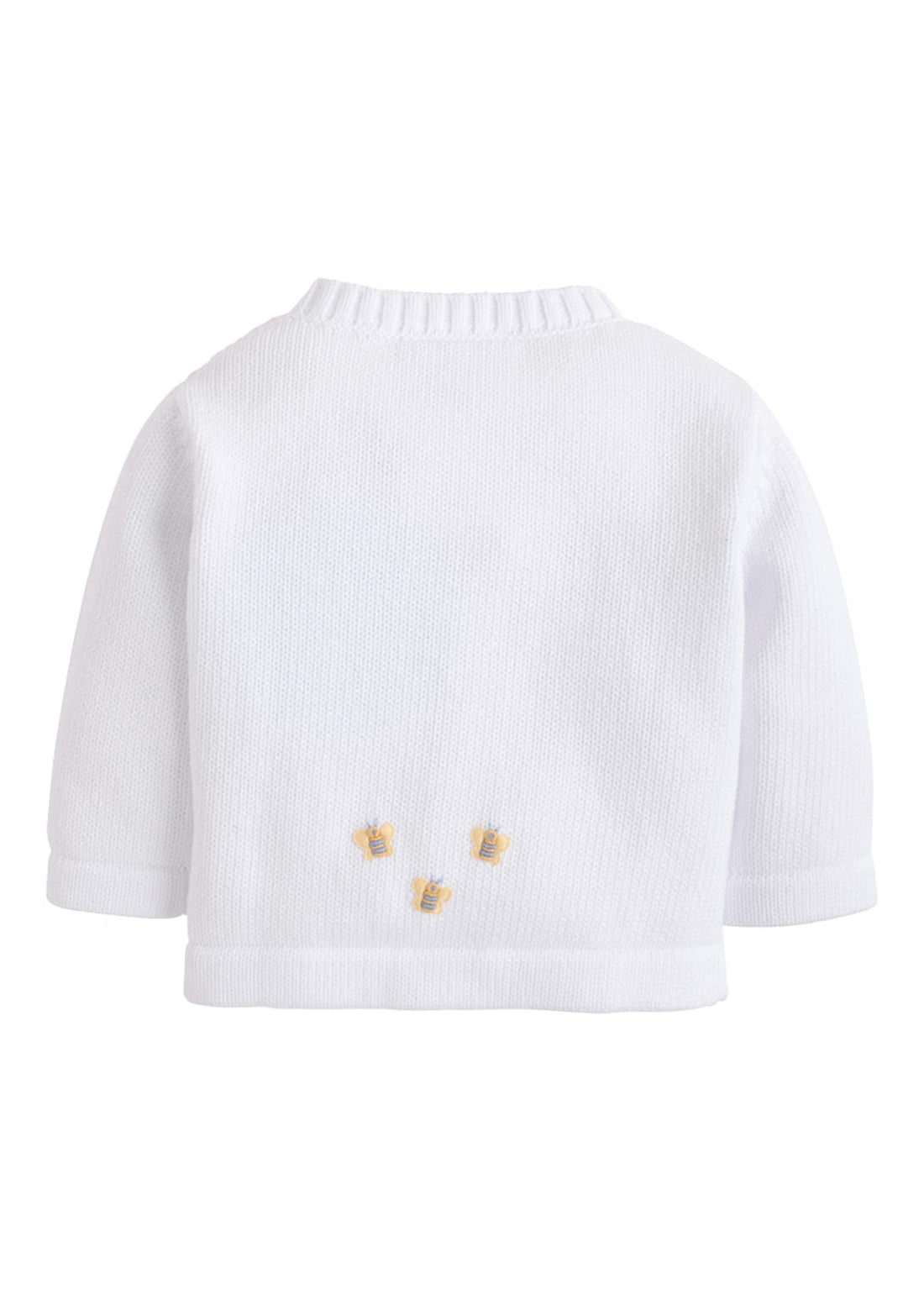 Little English traditional baby clothes, unisex signature white cardigan with crochet bees for baby boys and girls