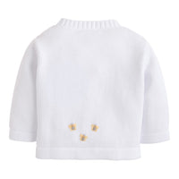 Little English traditional baby clothes, unisex signature white cardigan with crochet bees for baby boys and girls