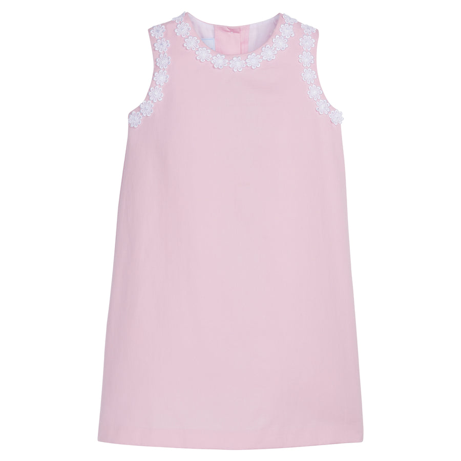 Little English traditional children's clothing, girl's sleeveless pink twill dress for Spring with white eyelet flower detailing