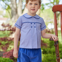 little english classic childrens clothing toddler boy short set with royal blue gingham shirt and royal blue corduroy shorts