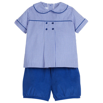 little english classic childrens clothing toddler boy short set with royal blue gingham shirt and royal blue corduroy shorts