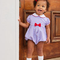 Little English classic baby girls bubble in red white and blue plaid pattern with a peter pan collar and red bow on waistline