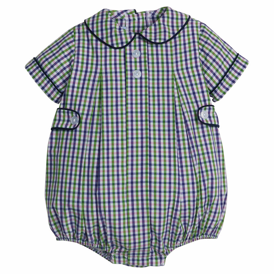 little english classic children's clothing; green, purple, and white plaid bubble for boys with peter pan collar, navy corduroy trim, and button tabs for fall 