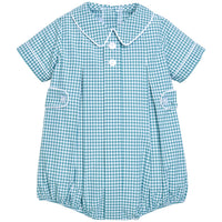 Little English traditional children's clothing.  Short sleeve bubble for baby boys in aqua Alpine Gingham with button tabs, Eton collar, and white contrast piping.