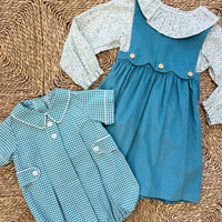Little English children's clothing, blue gingham boys bubble with girls corduroy jumper and floral blouse