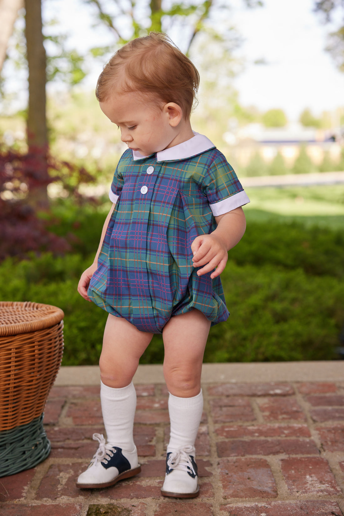 Little English classic baby boy bubble in ashford tartan pattern with white collar and buttons