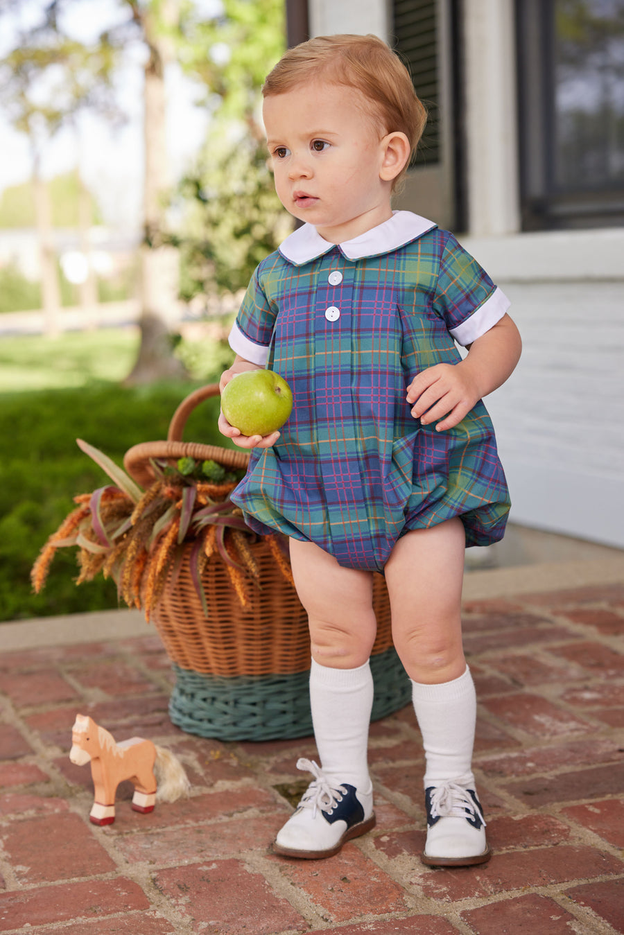 Little English classic baby boy bubble in ashford tartan pattern with white collar and buttons