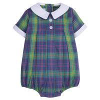 Little English baby boy's classic davant bubble for fall, navy and green plaid bubble with white peter pan collar