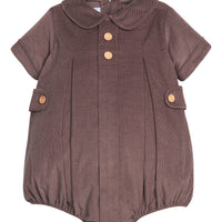 Little English traditional children's clothing.  Short sleeve peter pan bubble for baby boys in brown Chocolate Corduroy with button tabs and tonal piping.