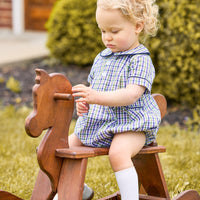 little english classic children's clothing; green, purple, and white plaid bubble for boys with peter pan collar, navy corduroy trim, and button tabs for fall 