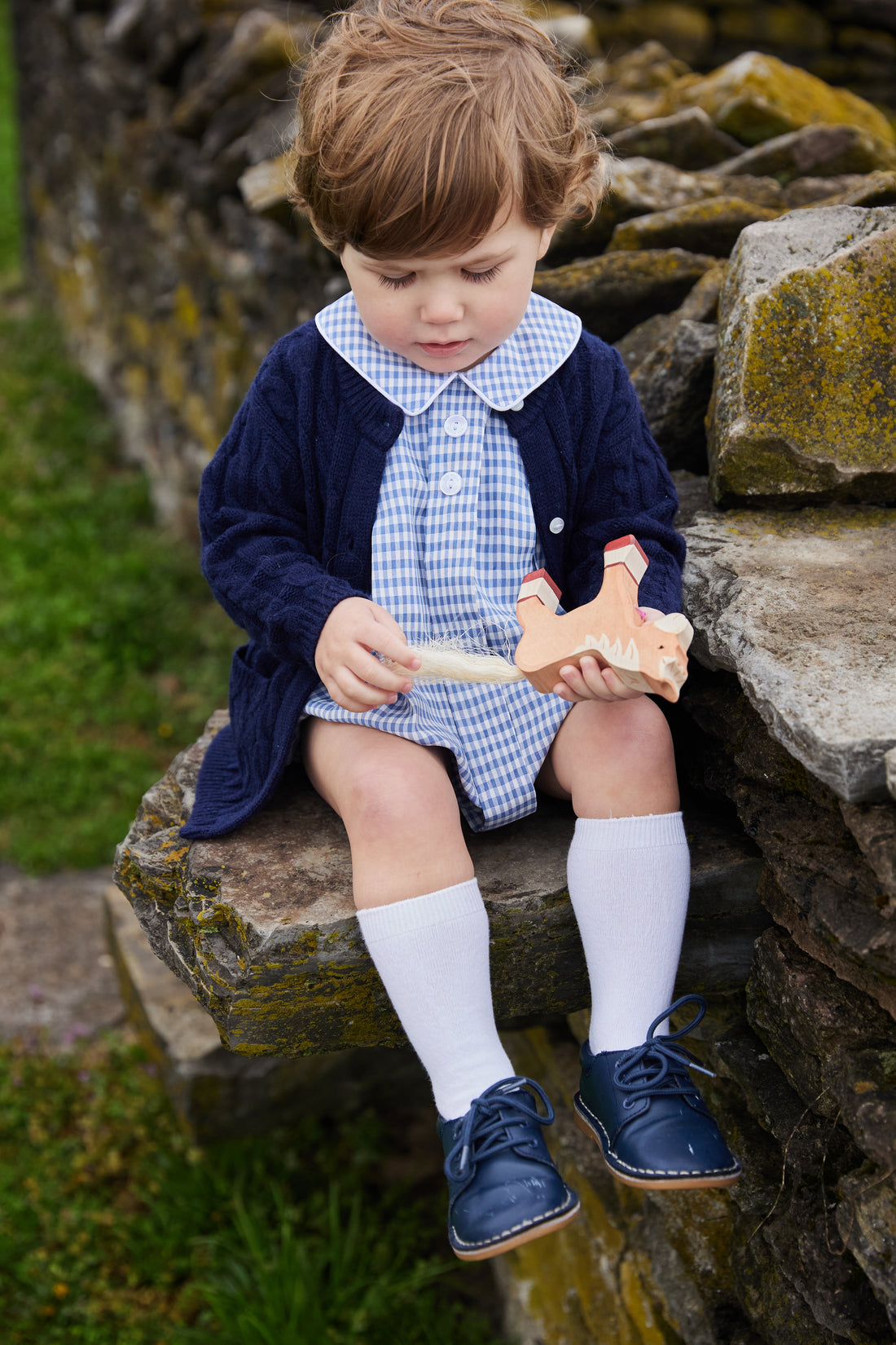 classic childrens clothing boys bubble in gray blue gingham with button tabs collar and white piping