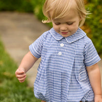 Little English classic children's clothing.  Gray blue and white gingham bubble for baby boys for fall