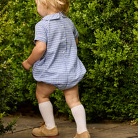 Little English classic children's clothing.  Gray blue and white gingham bubble for baby boys for fall