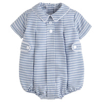 Little English classic children's clothing.  Gray blue and white gingham bubble for baby boys for fall
