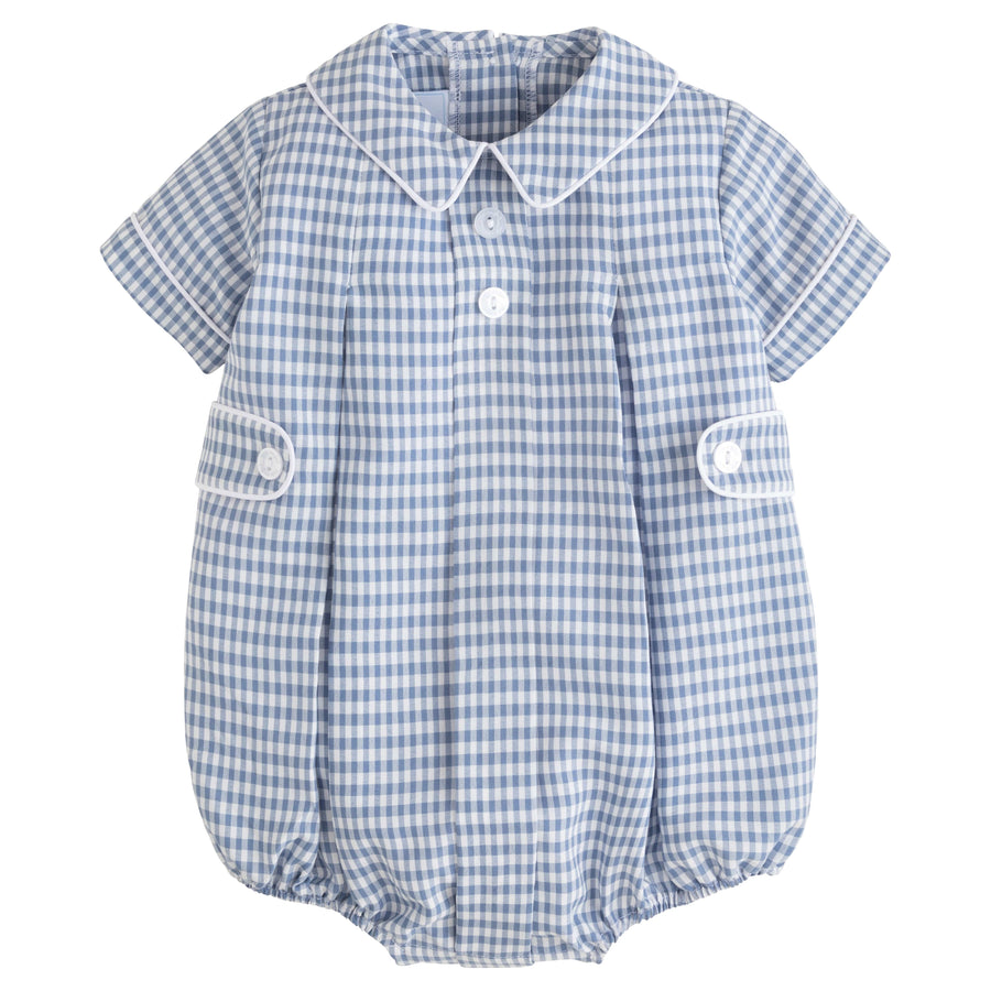 Little English classic children's clothing.  Gray blue and white gingham bubble for baby boys for fall
